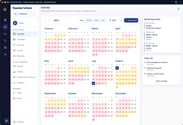 Yearly overview of appointments, lessons and tasks