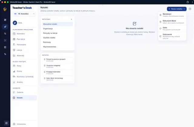 Nowa notatka jako Markdown, Word, szkic lub szkicownik